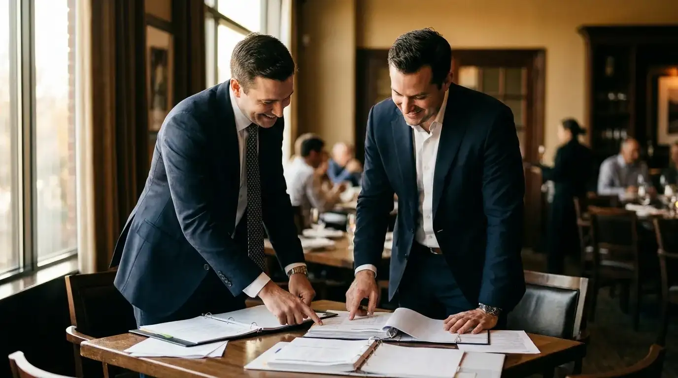 Restaurant owners reviewing financial reports with their accountant: FORCS Restaurant Accounting